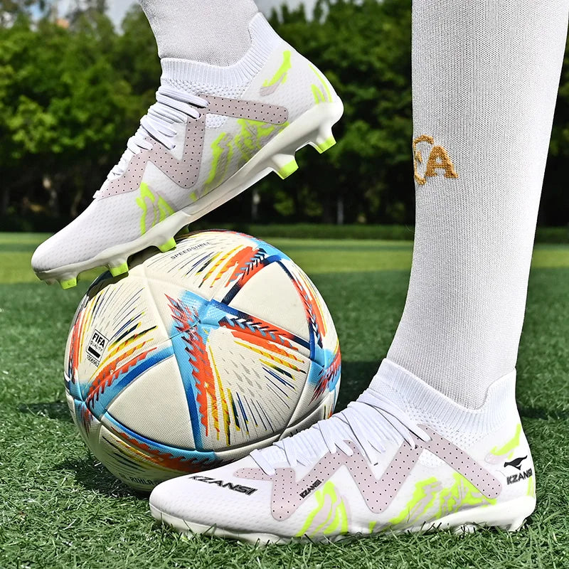 Men's FG/TF Football Boots Breathe Soccer Shoes Long Spike Footable Shoes Children High Ankle Cleats Grass Soccer Sneakers New